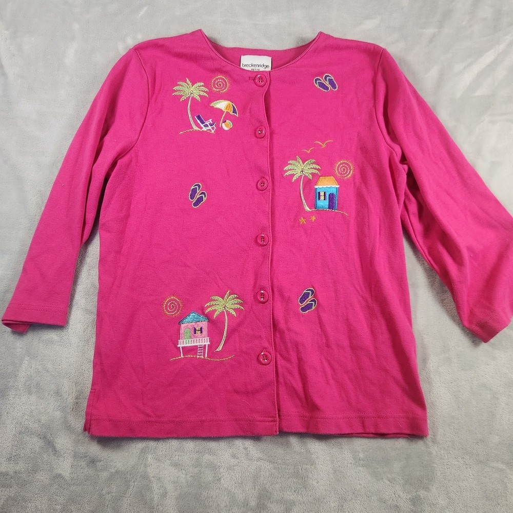 Breckenridge PM Top Pink Button-Up Beach Tropical Embroidery VTG Grandmacore